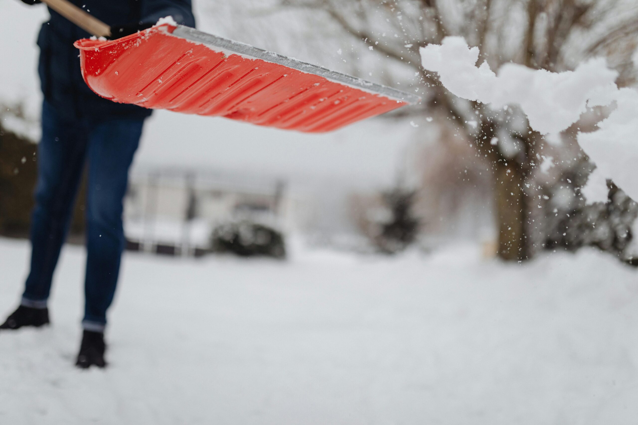 Person shoveling snow in a winter setting.